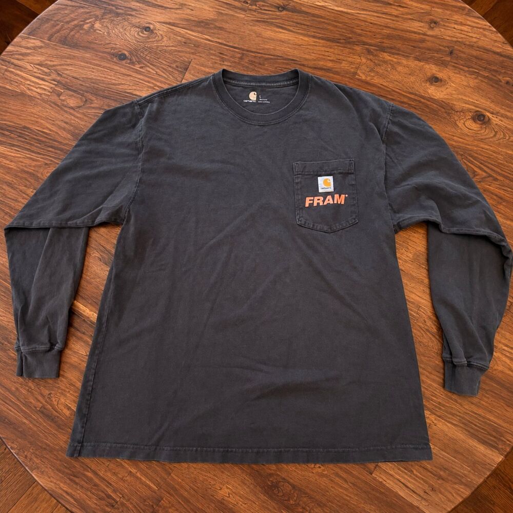 Carhartt FRAM Shirt Mens L Black Layered Long Sleeve Pocket Tee Workwear
